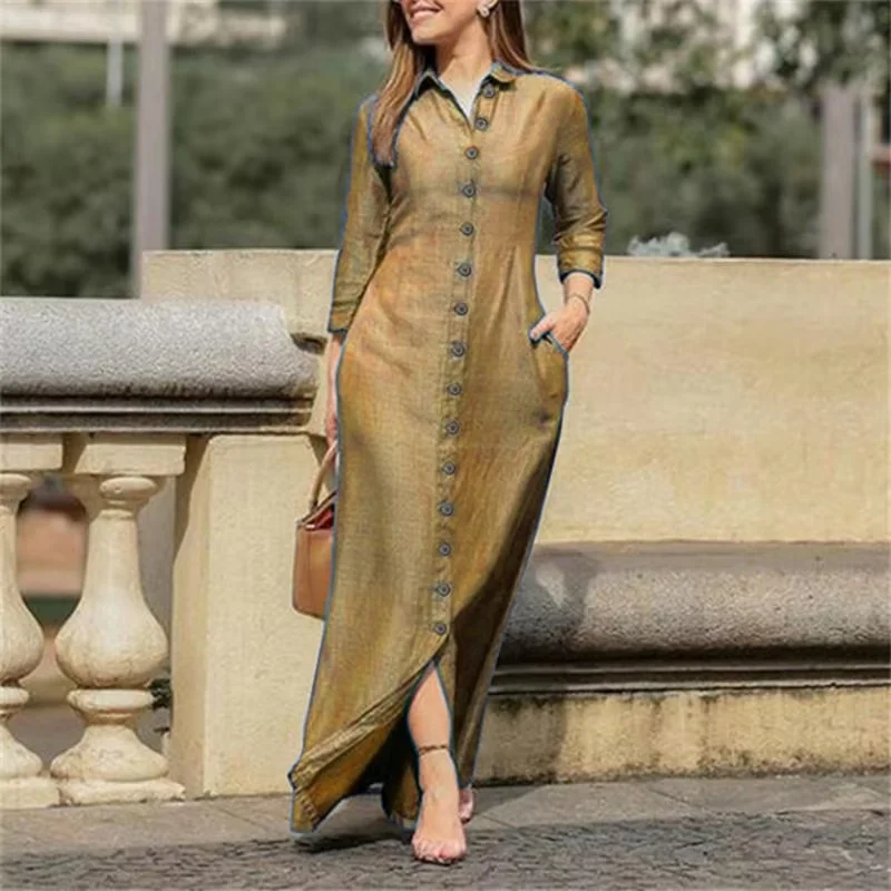 Woman Plus Size Autumn New Casual Long Denim Dress Women's Fashion Solid New Lapel Pocket Button Shirt Dresses manufacture