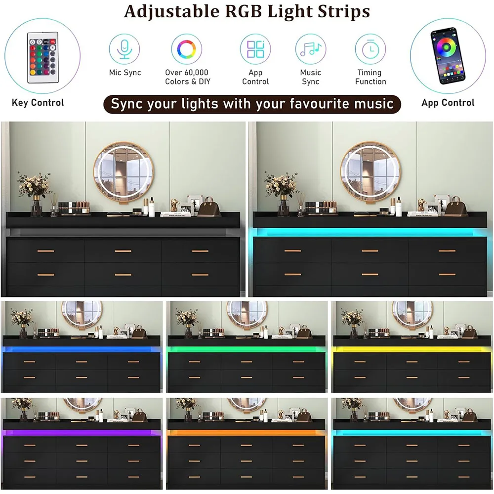 product 9 drawer modern wood dresser with led light charging station black bedroom living room storage cabinet-1