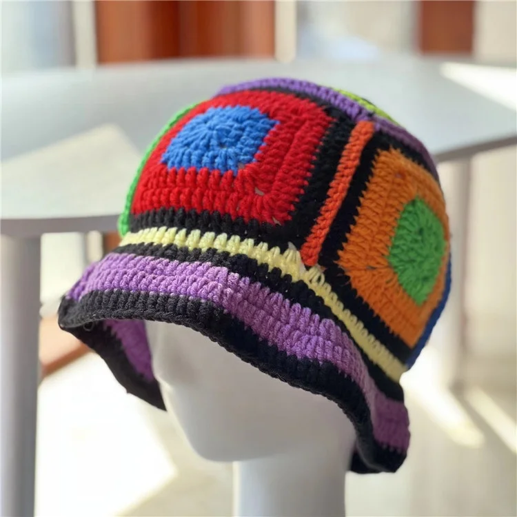 Handmade Crochet Fantastic Contrasting Knitted Fisherman Hat Versatile Women Beanies Colored Fashion Round Basin Hat