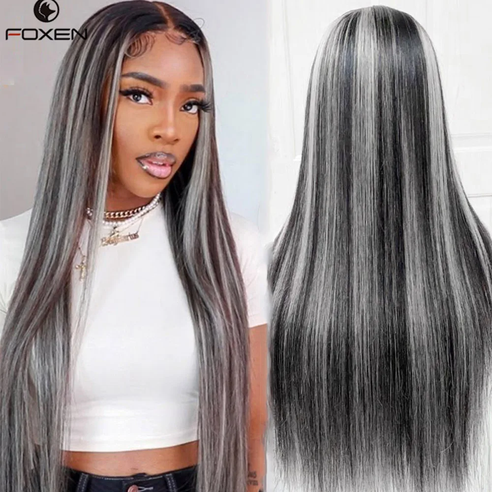 Blonde Grey Highlight Lace Front Wig Half Black 613 Colored Straight Human  Hair Wigs Pre Plucked Ombre 13x4 Hd Transparent Lace - Buy Gray Wigs For  Black Women,Gray Human Hair Wig,Gray Wigs