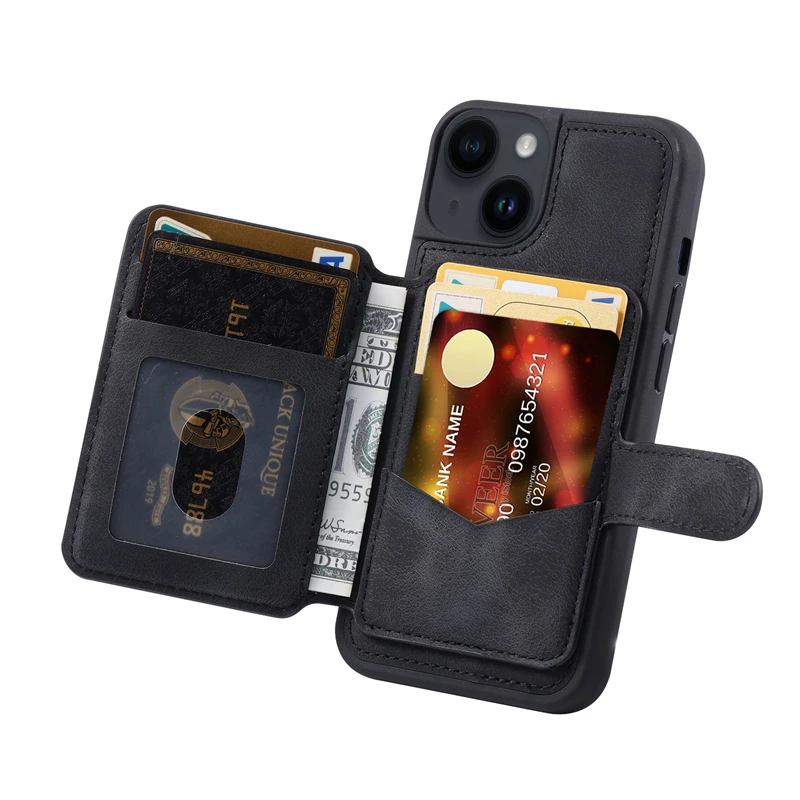Good Quality Wallet Prevent Degaussing Anti-theft Brush 6 Cards PU Leather Phone Case for iPhone 15