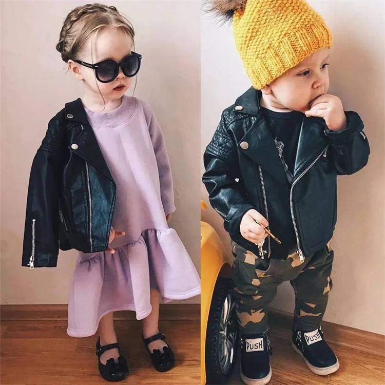 Classic black children autumn winter leather jacket clothes solid color lapel kids baby PU jackets outwear for boys girls