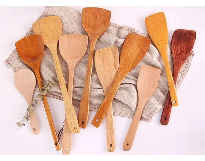 Wholesale Wood Stir Fry Spatula Non-stick Long Handle Hot Pot Spoon Wooden kitchen utensil set