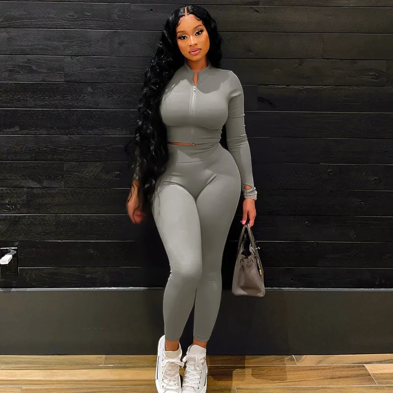 Arrival  Zipper Lady Long Sleeves With Sexy Leggings Causal Set 2022 Summer New Woman Two Pieces Fashion Casual Fitness Top