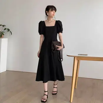 Summer new French retro black dress temperament square neck waist Hepburn style little black dress