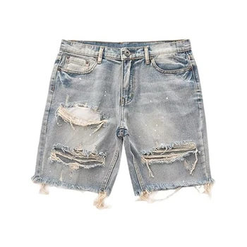 2024 Spring/Summer ripped fashion retro simple men's denim high street commute daily all-in-one five-cent mid-waist shorts