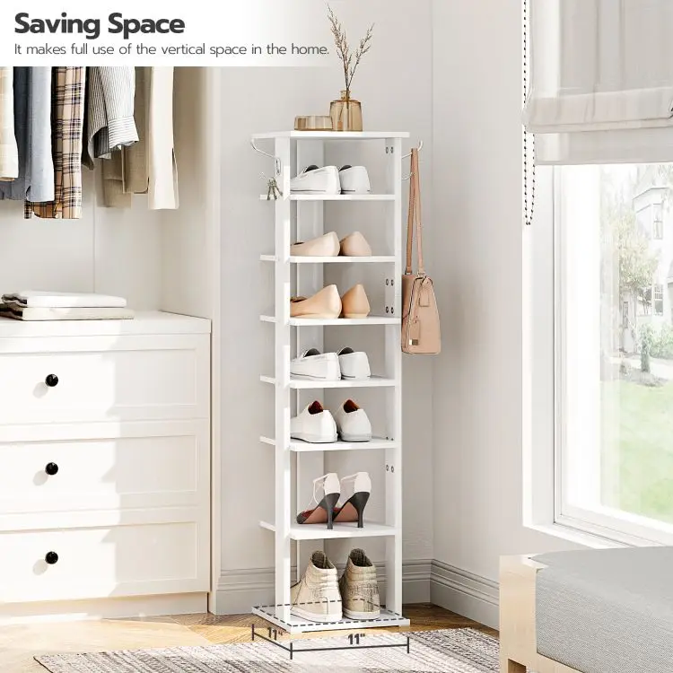 Wholesale White Tall Narrow Shoe Stand Storage 8 Tier Vertical Small Shoe Racks Organiser Wood Shelves for Shoes Bedroom