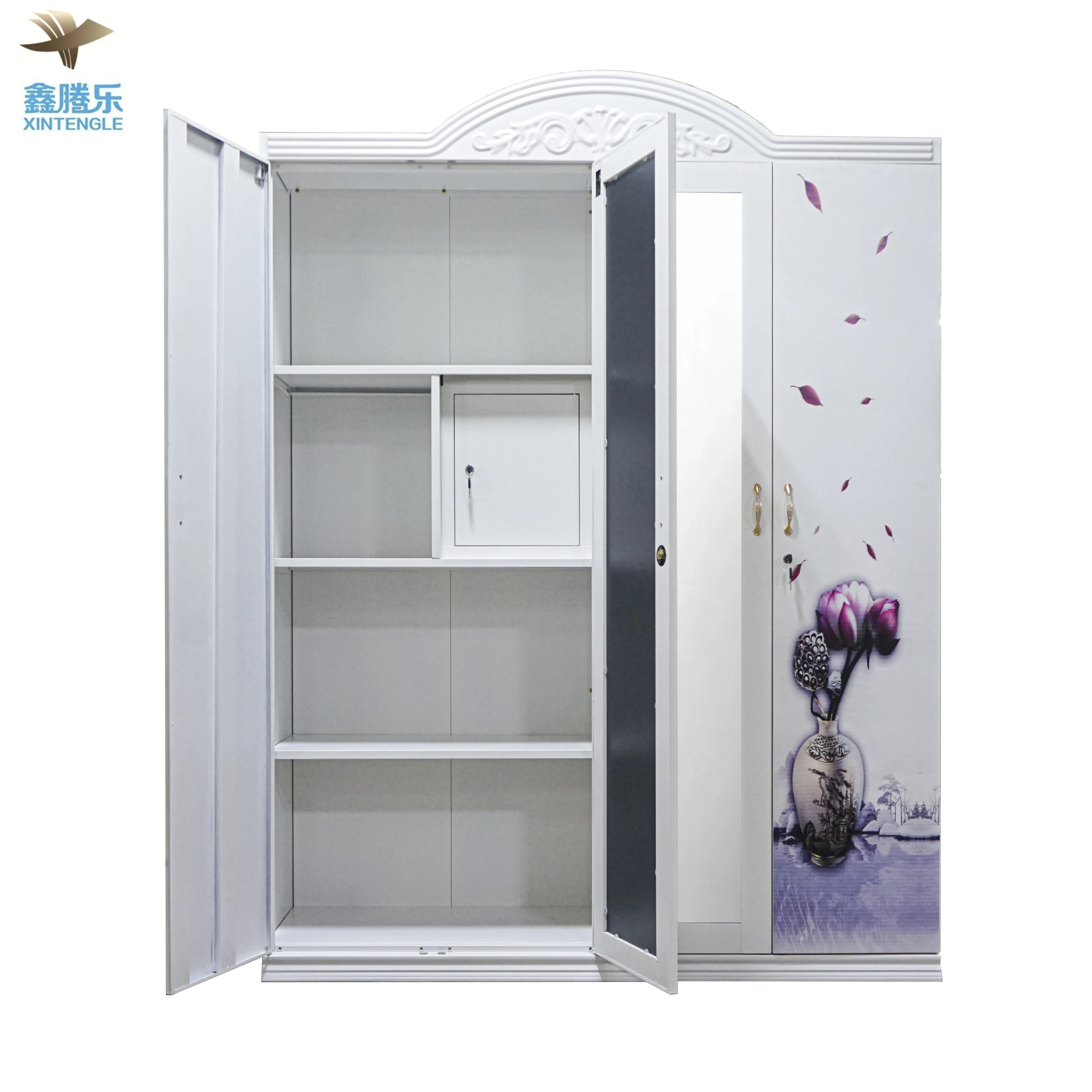 Guangzhou Foshan Factory Offers 4-Door Steel Wardrobe Mirror Kids Cheap Closet Cabinet Children's Pattern Cloth Baby Lemari