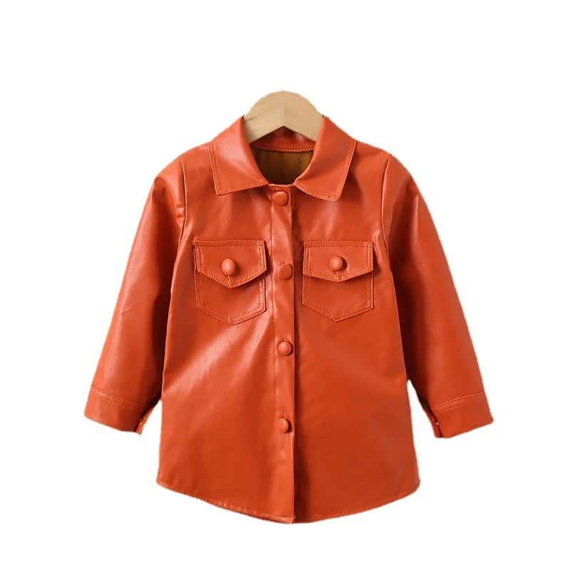 2022 Autumn winter kids PU jacket one pieces solid color baby girls and boys outwear leather fashion jackets