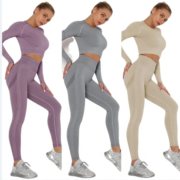 Womens Workout Sets 2 Piece - Seamless Ribbed Acid Wash Yoga Gym Outfits Leggings and Long-Sleeve Crop Top with Zipper