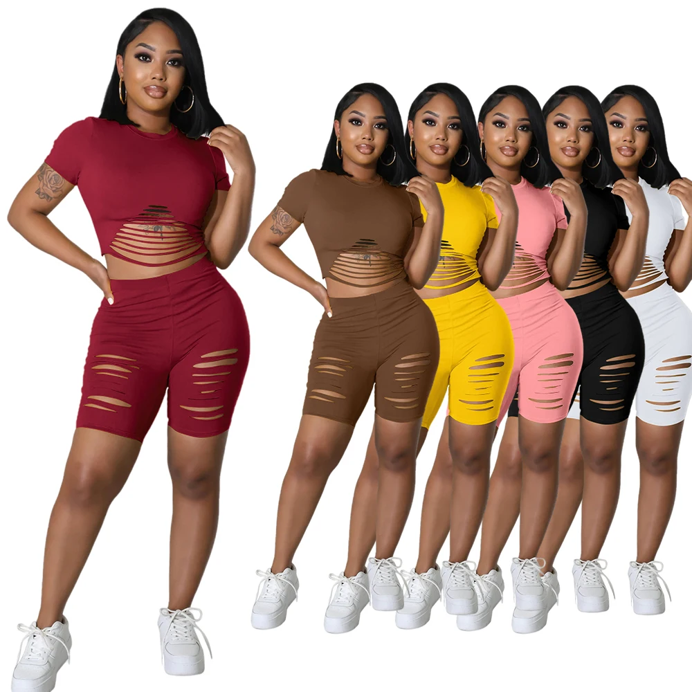Solid Color Custom Hollow Out Biker Shorts Outfits 2 Piece Set Women Ripped  Short Sleeve Crop Top T Shirt Jogger Two Pieces Set - Buy Two Piece Short  Set,Summer Short Sleeve Jogger