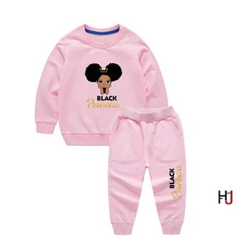 Cute black African American Cotton Baby Girl Clothes Little Melanin Queen sweat suits Custom Printing sweatshirt and pants Child