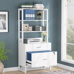 Tribesigns White Printer Stand with Open Storage Shelves 2-Drawer Lock Wood File Cabinet Mobile Lateral Filing Cabinet