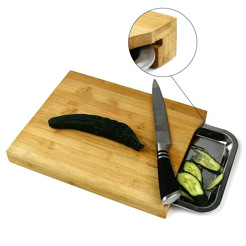 Multi-functional Premium Bamboo Cutting Board With Stainless Steel Trays With Non-Slip Pads For Kitchen