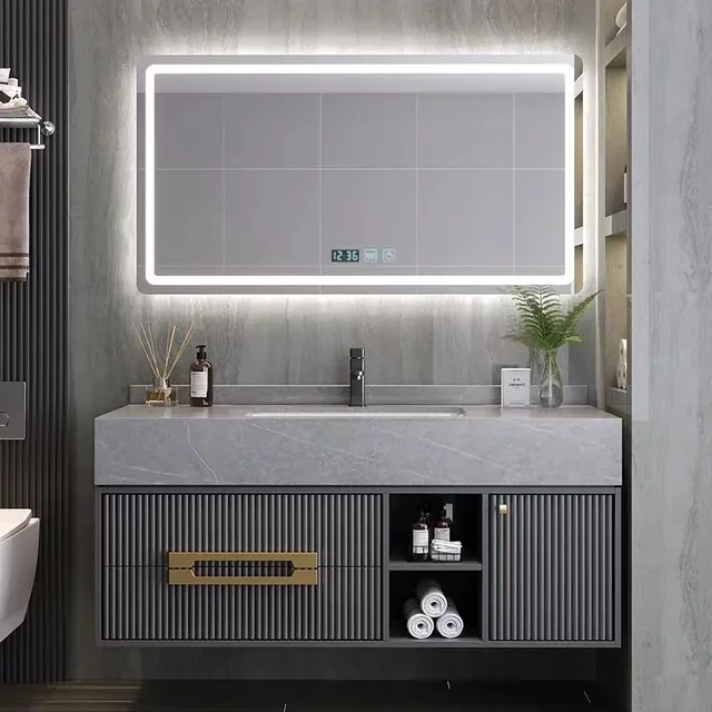 European style modern double sink floating bathroom cabinet set with Design Smart Mirror light cabinet vanity 60-inch