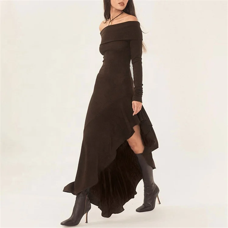 Vintage Brown Knit Dress Off Shoulder Ruffle Sexy Long Dresses Elegant Outfits for Women Clothes Long Sleeve Maxi Dress