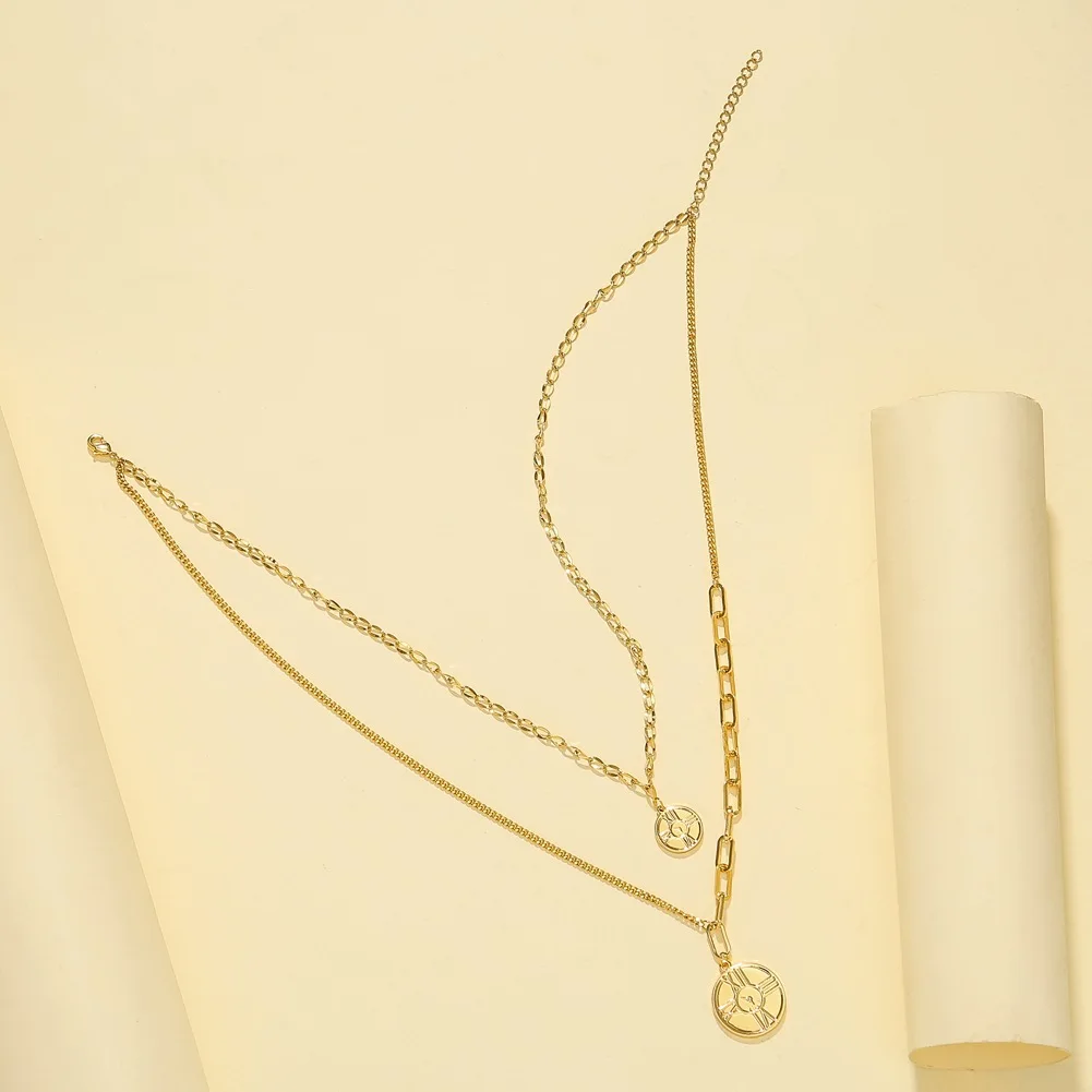 Double layer splice chain round pendant necklace clock roman digital pendant trend necklace wholesale