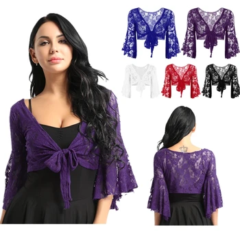Women Flare Long Sleeve Lace Top Shrug Fashion Performance Wear Cover Up Open Front Cardigan Wraps Belly Dance Tops