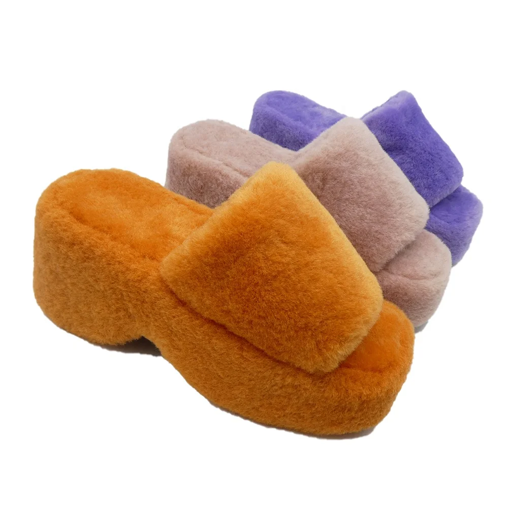 Fashionable Cross Strap Platform sandals TPR sole Winter Fluffy Fuzzy Indoor Plush Faux Fur home Slippers for Women Lady