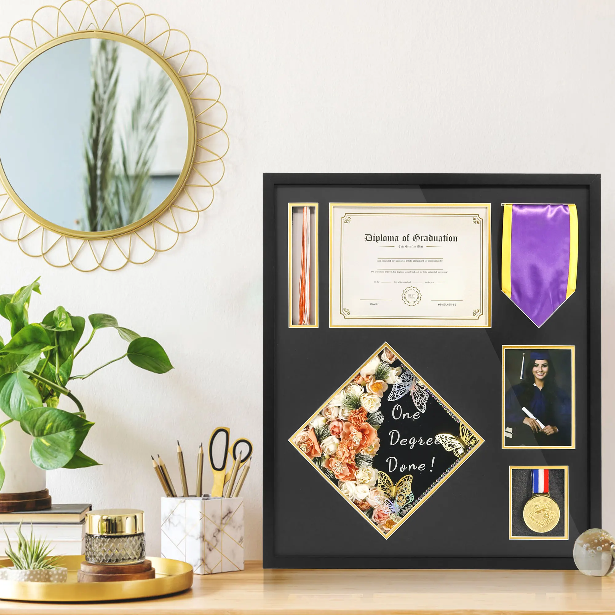 Graduation Shadow Box 23x27 Inch Display Case Preserve Diploma Cap Tassel Stole Medal Shadow Frame details