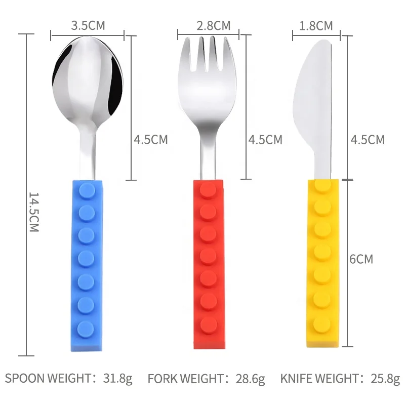 Student food glade silicone block DIY handle with 430# stainless steel baby utensils spoon knife and fork