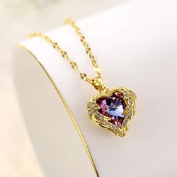 Korean Stainless Steel Rhinestone Crystal Heart Pendant Necklace Women Shiny Real Gold Gemstone Pendant Necklace