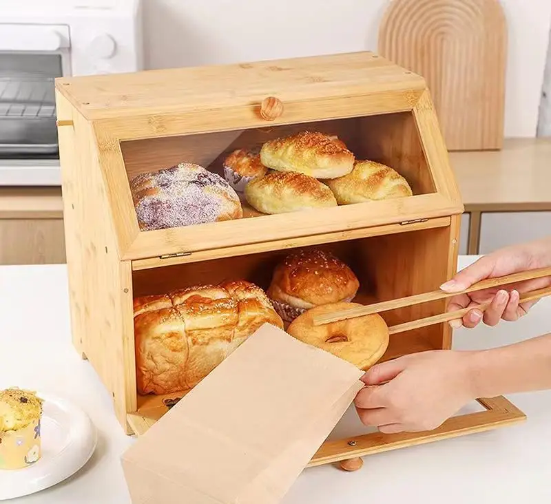 Extra Large Double Layer Natural Bamboo Bread Box with Clear Windows for Kitchen Countertop