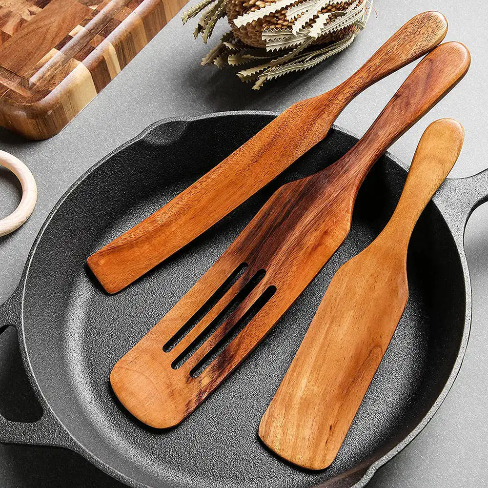 Teak Wood Slotted Spurtle Spatulas Spoons Set For Nonstick Cookware