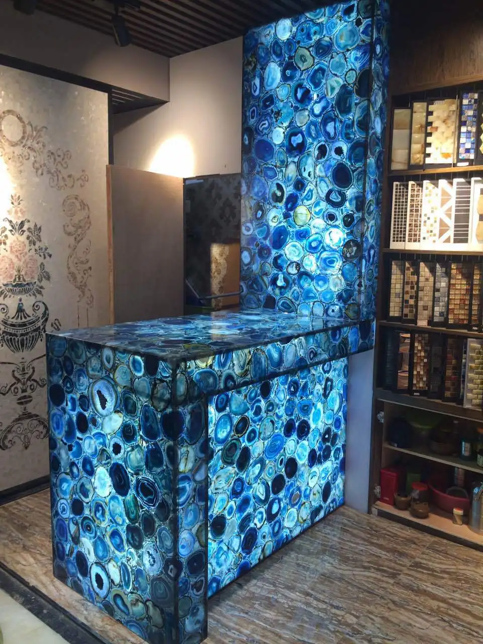product yuanda china semi precious stone table manufacturer led backlit blue agate slab furniture factory-6