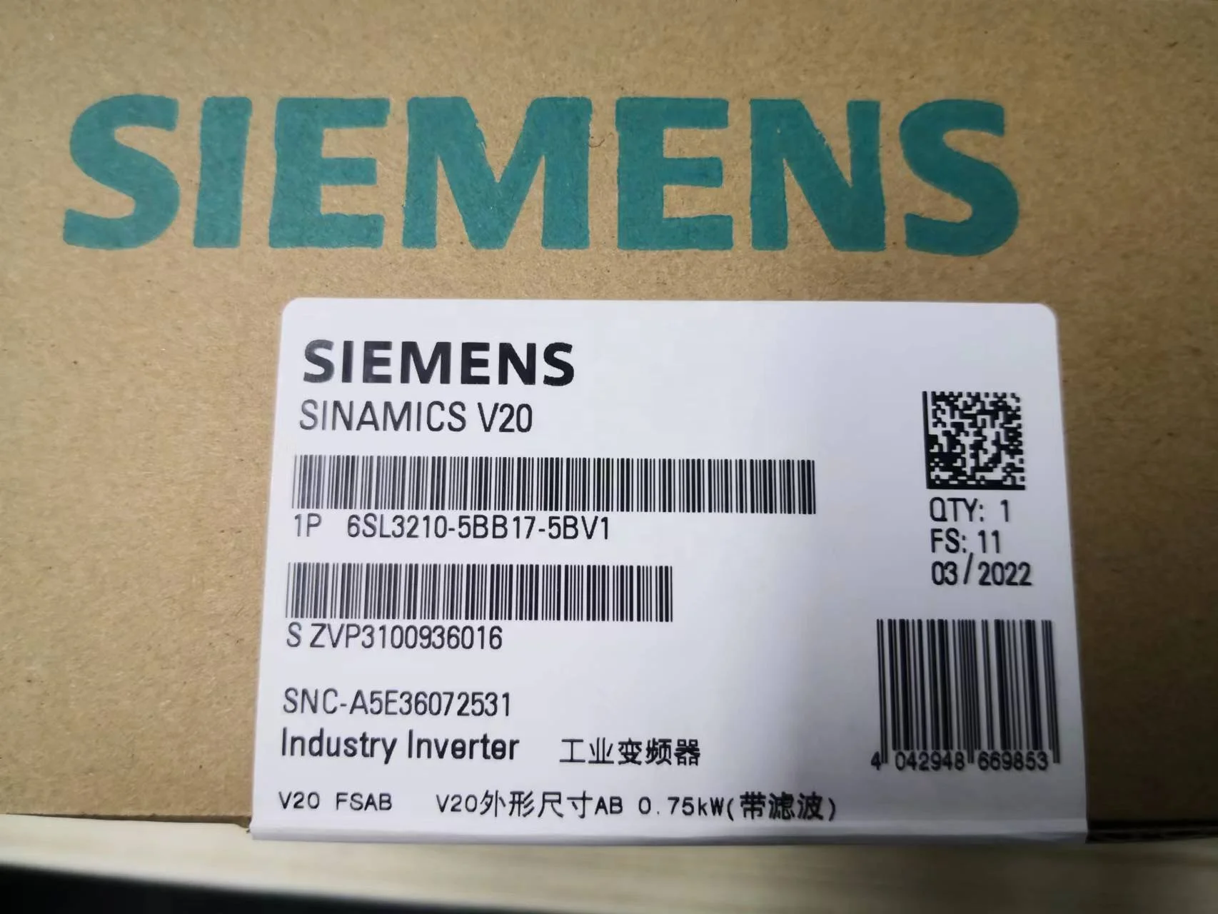 Gold Seller SIEMENS V20  Inverter 0.75KW VFD 6SL3210-5BB17-5BV1  220V AC single phase Frequency Converter motor drive