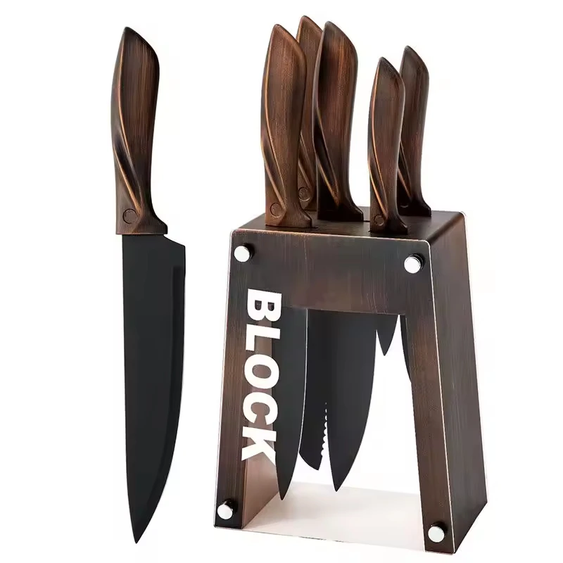 Kitchen Accessories 6pcs High Guality Comfortable handle Black Coating Sharp Knife Set Kitchen Gift Meat  With Wooden Block