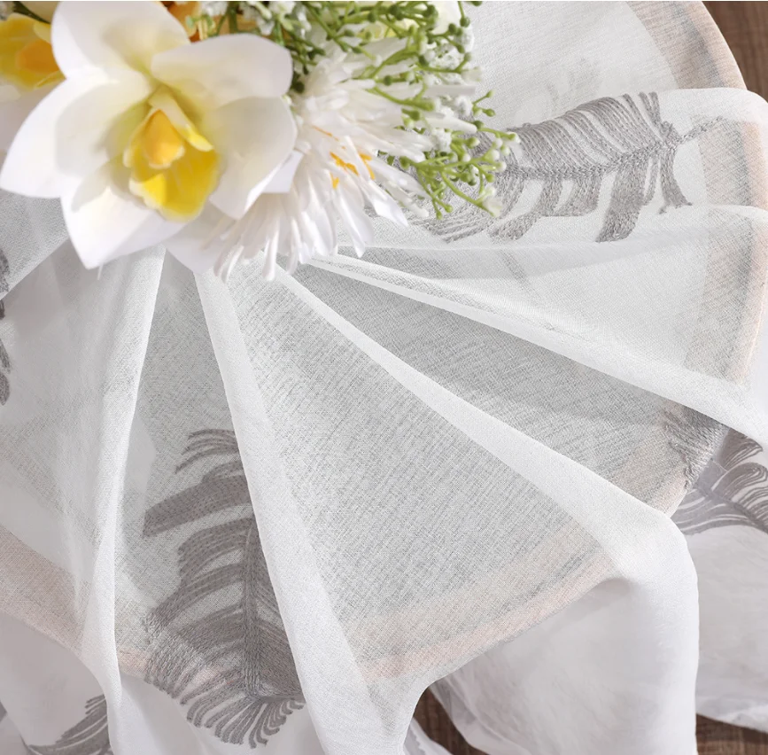 Light luxury feather embroidered pattern white sheer curtain for children's bedroom