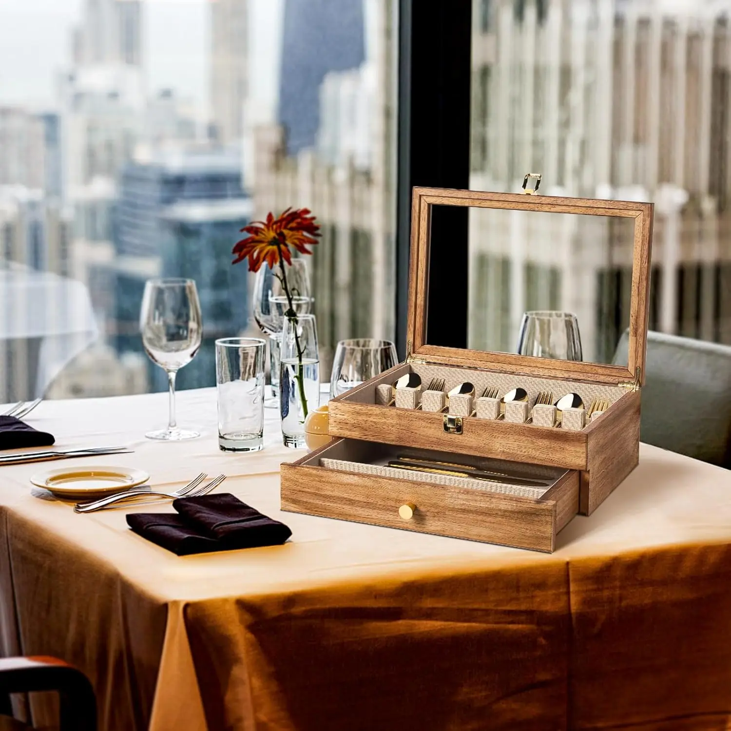 product wooden silverware chest with glass lid 2 drawer flatware storage box felt lined cutlery organizer for kitchen dining utensils-8