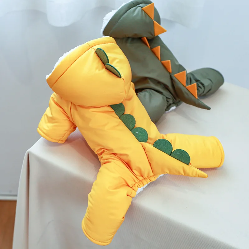 Cute Dog Luxury Clothes Green Yellow Dinosaur Dog Coats Pet Clothes Winter Warming Proof Wind Dog Apparel Clothes supplier