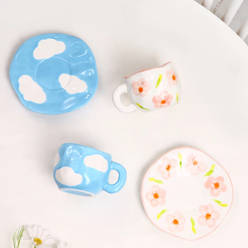 Irregular Shape Little Flower Handmade Pottery Clay Coffee Mug Cups Handmade Ceramic Porcelain Mugs factory