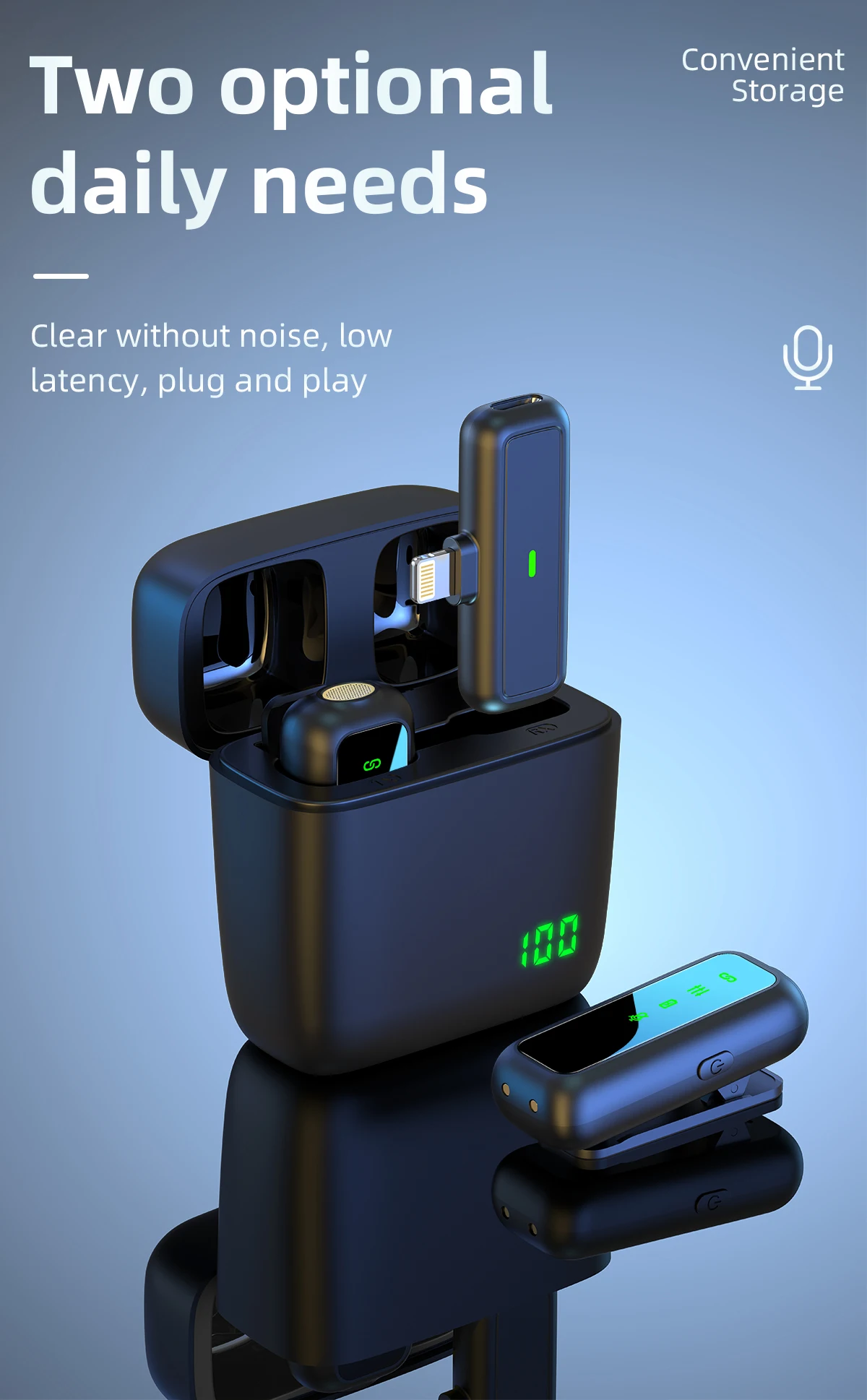 SX6 Lot de 2 microphones cravate sans fil pour iPhone et iPad avec étui de chargement et affichage numérique.