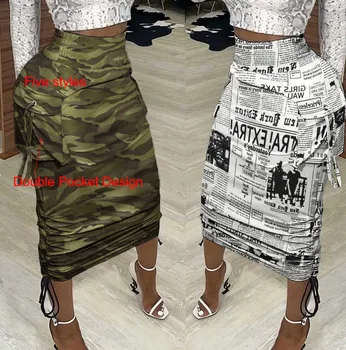 Hot Sale Cotton Camouflage High Waist Pencil Plus Size Elegant Womens Maxi Long Cargo Pleated Skirt