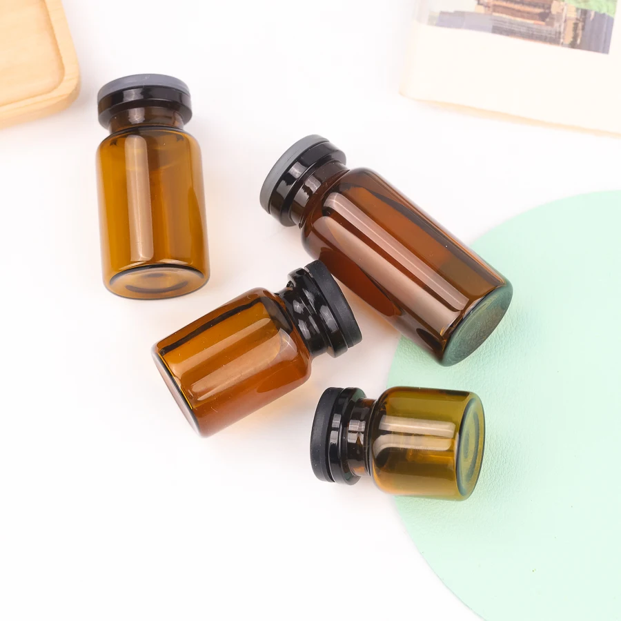 Pharmaceutical Bottle Round Amber 3/5/7/10ml Lyophilized Powder Glass Oral Solution Liquid Vials Plastic Cover Rubber Stopper