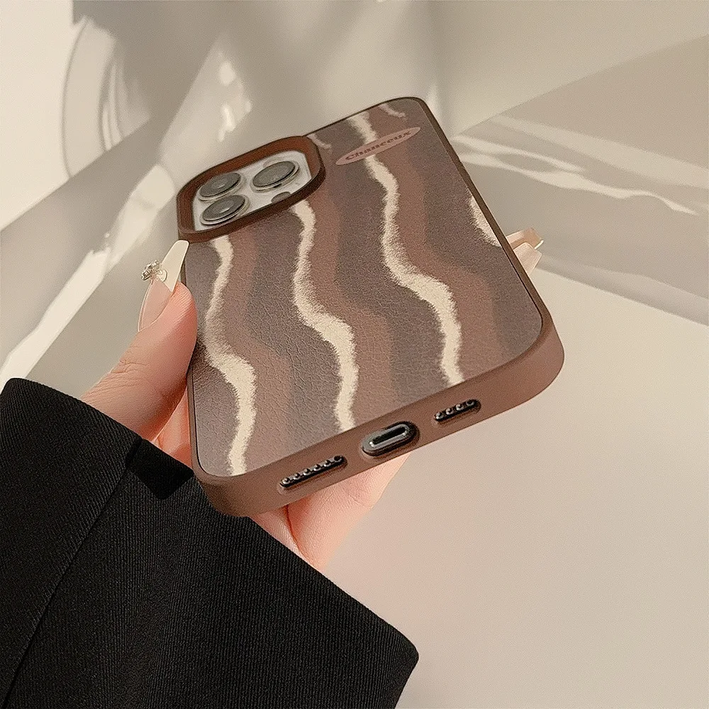 Brown Striped Phone Cases for iPhone 15 14 13 12 11 pro max Retro Premium PU Leather Anti-drop Hard Mobile Cover
