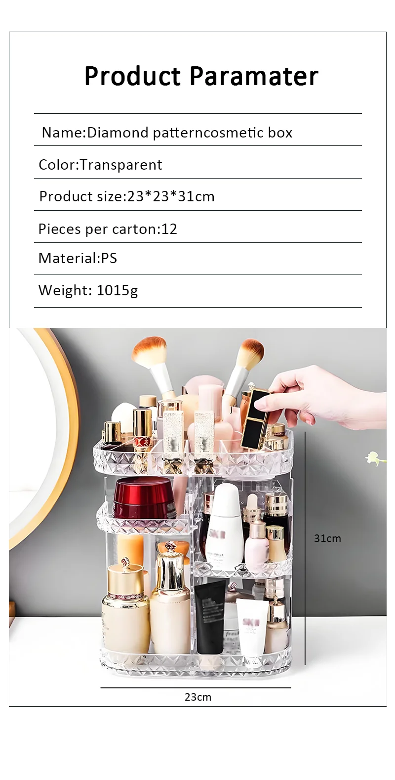 product hot products light luxury 360 degree rotating transparent plastic adjustable cosmetic organiser rotating make up organiser-4