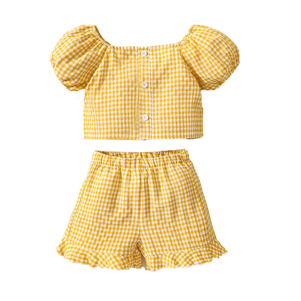 Boutique toddler girls clothing sets yellow plaid new fashion little girls two piece kids clothing children sets for summer