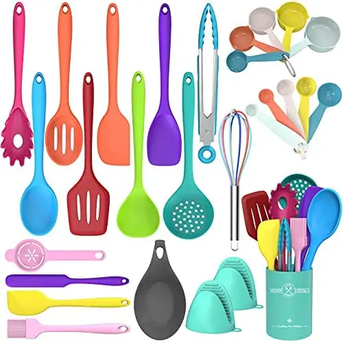 Hot Selling 28 Pieces Silicon Utensil Sets with Holder For Cooking Tools Hot Sell or Picnic Custom Kitchen  Home Serving