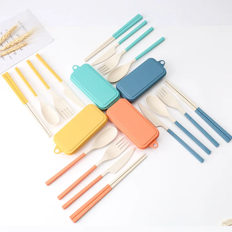 Wheat Straw Knife Fork Spoon Chopsticks Portable Tableware Set for 4 in Home or Kitchen