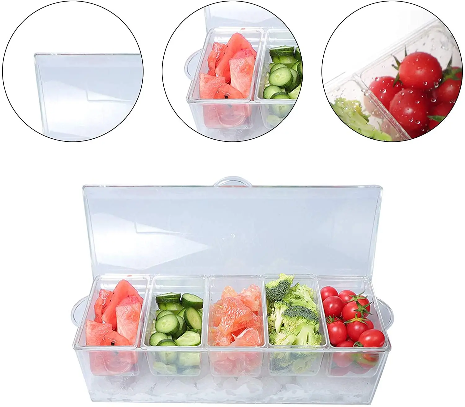 Serving Tray Container With 5 Ice Chilled 5 Compartment Condiment Server Caddy 