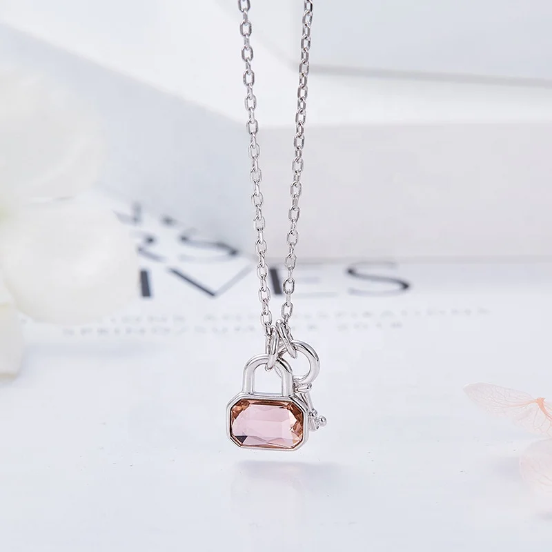 CDE YN0808 Silver 925 Jewelry Pink Austrian Crystal Necklace Sterling Silver Lock & Key Necklace For Women DIY Necklace