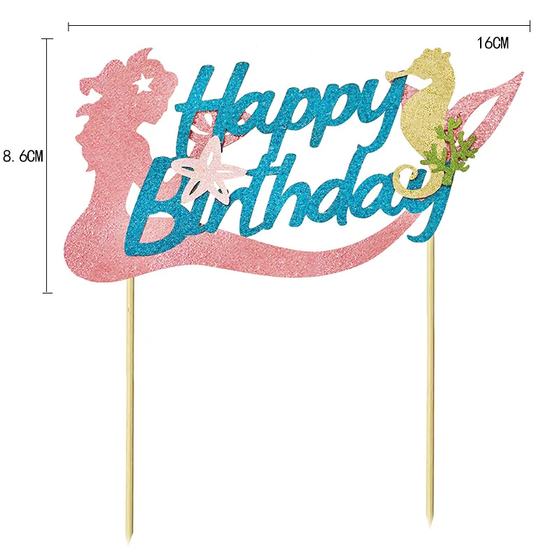 Seahorse Starfish Mermaid Happy Birthday Cake Insert Card Mermaid Theme Birthday Party Decoration Supplies