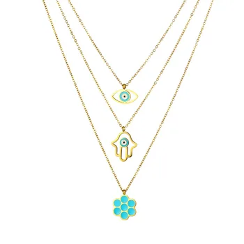 Women fashion accessories 3 layer blue eye necklace stainless steel gold choker hamsa hand necklace jewelry