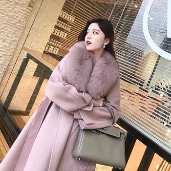 Winter real fox fur collar 100 high count australian pure cashmere long oversized lady wool coat for women