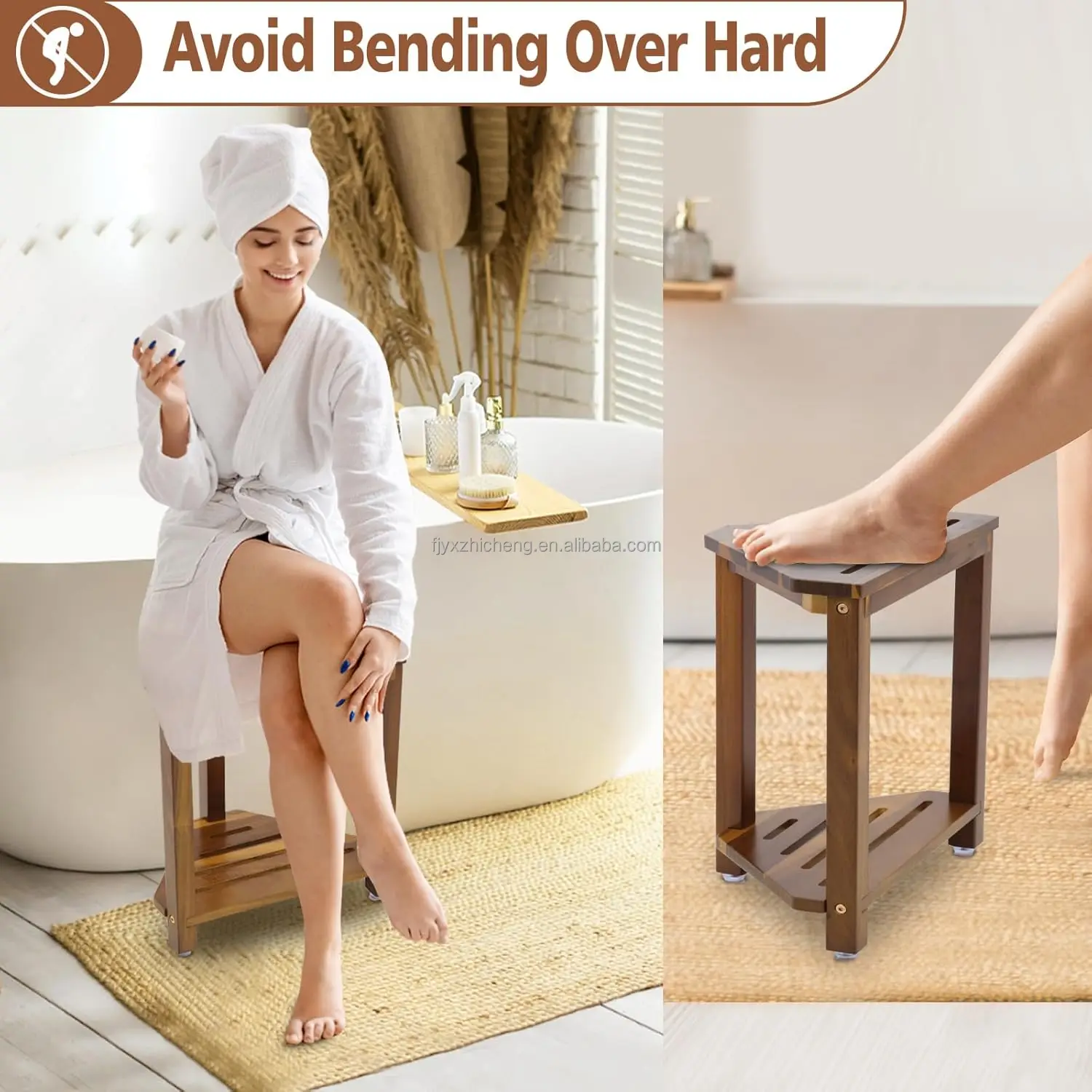 product 16in modern eco friendly shower foot rest corner stool shaving legs storage shelf small bench sit bath seat acacia wood-3