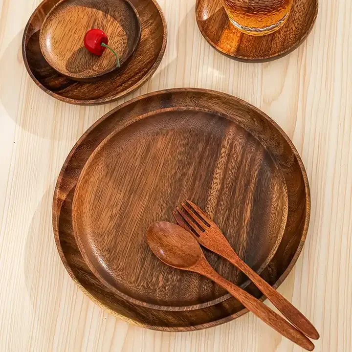 Wholesale Customized Handmade Solid Black Acacia Wood Dinner Charger Plates round Dessert Platters Home and Restaurant Use